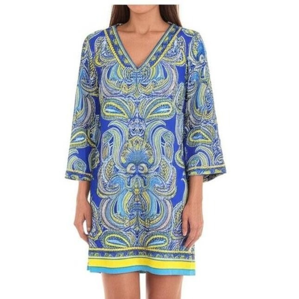 Laundry Short Dress XS Blue Yellow Paisley Printed V-Neck Tunic Boho Coastal